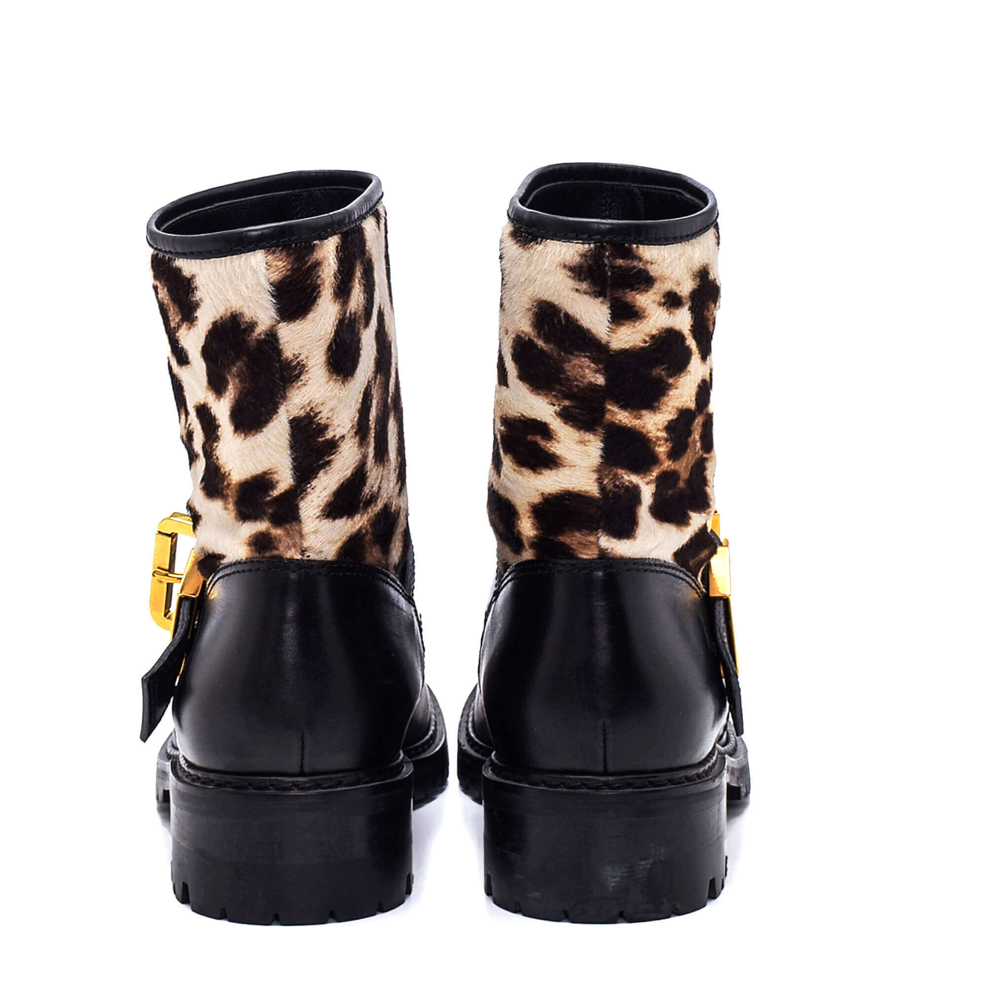 Giuseppe Zanotti - Black Leather Gold Tone Buckle Leopard Detail Boots